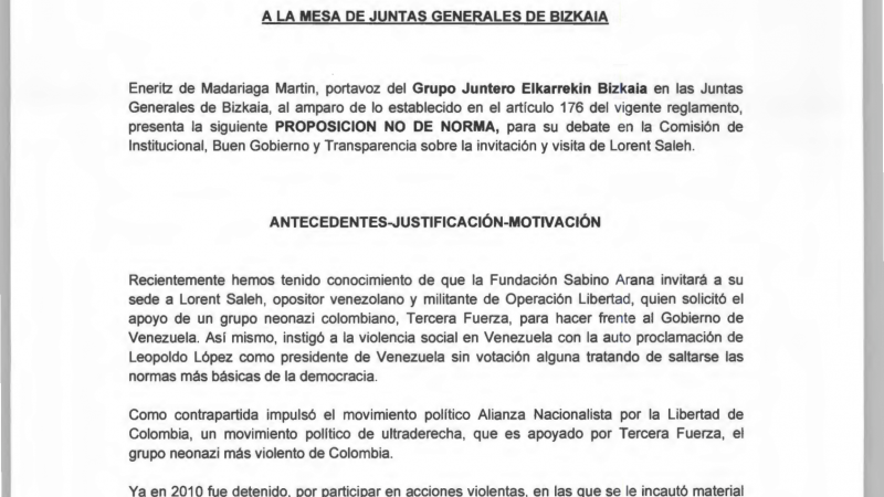 Proposición de Elkarrekin Podemos denunciando en las Juntas Generales de Bizkaia la invitación del PNV a Lorent Saleh