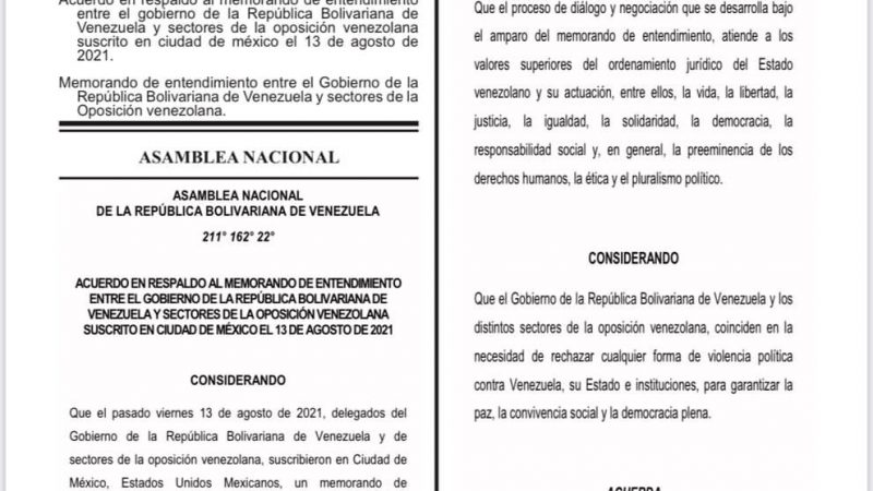 La Asamblea Nacional respalda el acuerdo firmado entre el Gobierno de Venezuela y la oposición