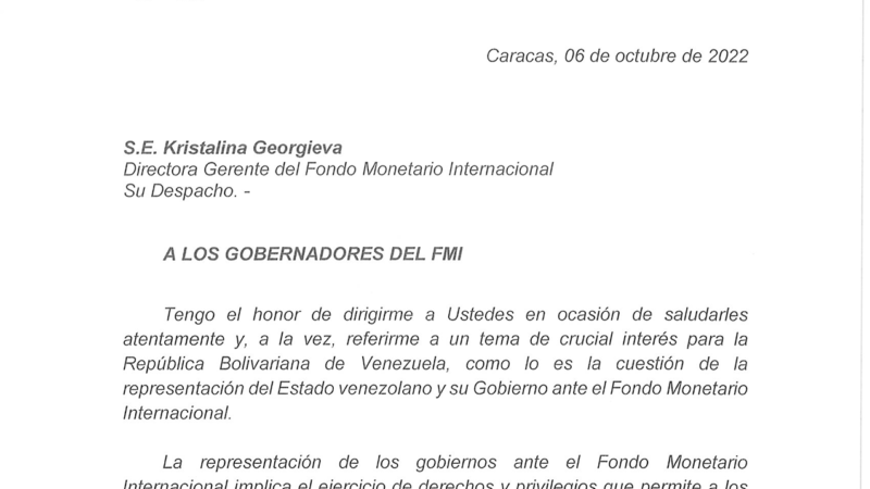 Gobierno venezolano dirige una misiva a «los gobernadores del FMI»