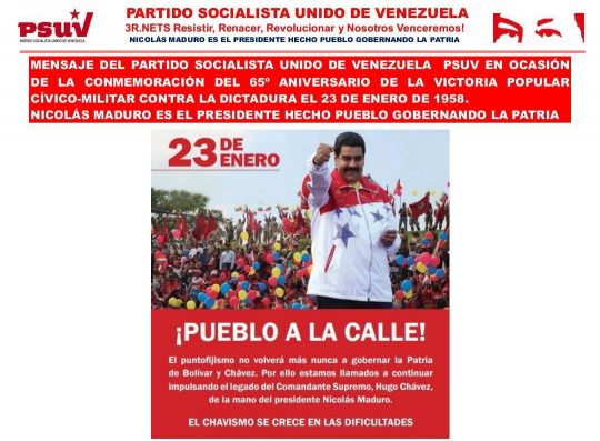 Mensaje del PSUV por el 65º Aniversario de la Victoria Popular del 23 de Enero de 1958 contra la dictadura militar